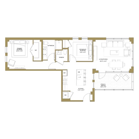 Floor plan for 2 beds, 1.5 baths, 1008 sqft